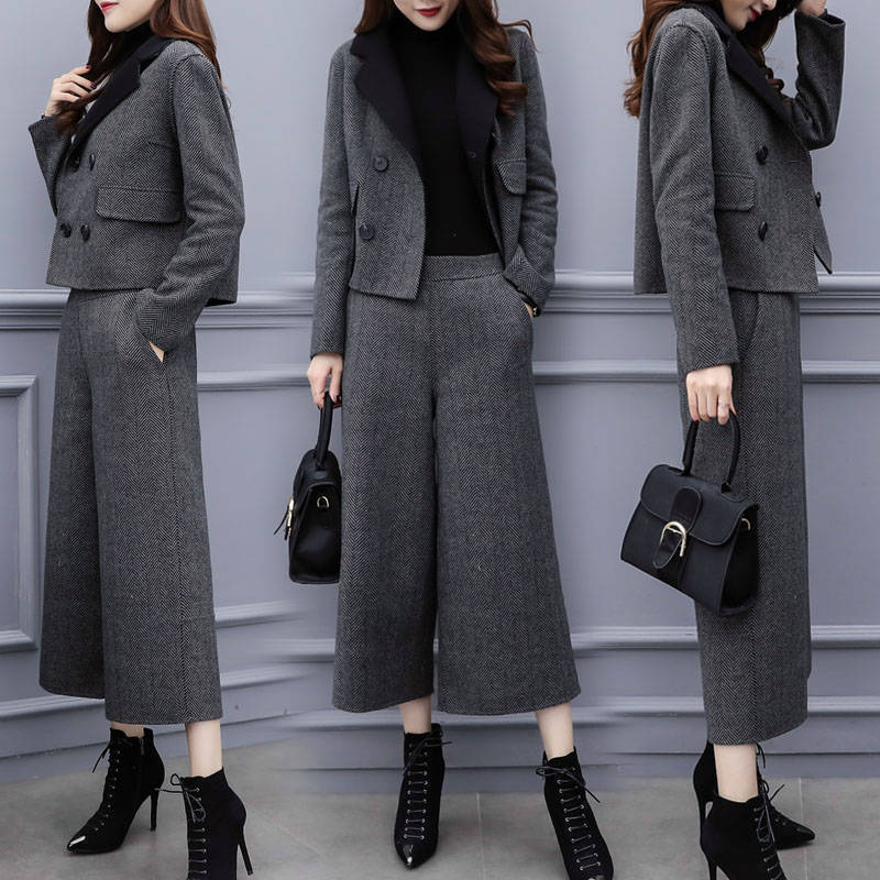 Women's Autumn and Winter Two-piece Pants Herringbone Woolen Coat Wide-leg Pants Casual Fashion Suit Women