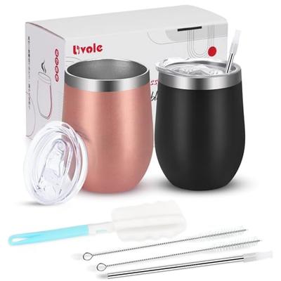 Livole Edelstahl-Becher, Vakuumisoliert, doppelwandig, mit Deckeln, auslaufsicher und mit Strohhalmen, 350 ml Fassungsvermögen, 2er-Set, Perfekt für Paare, P