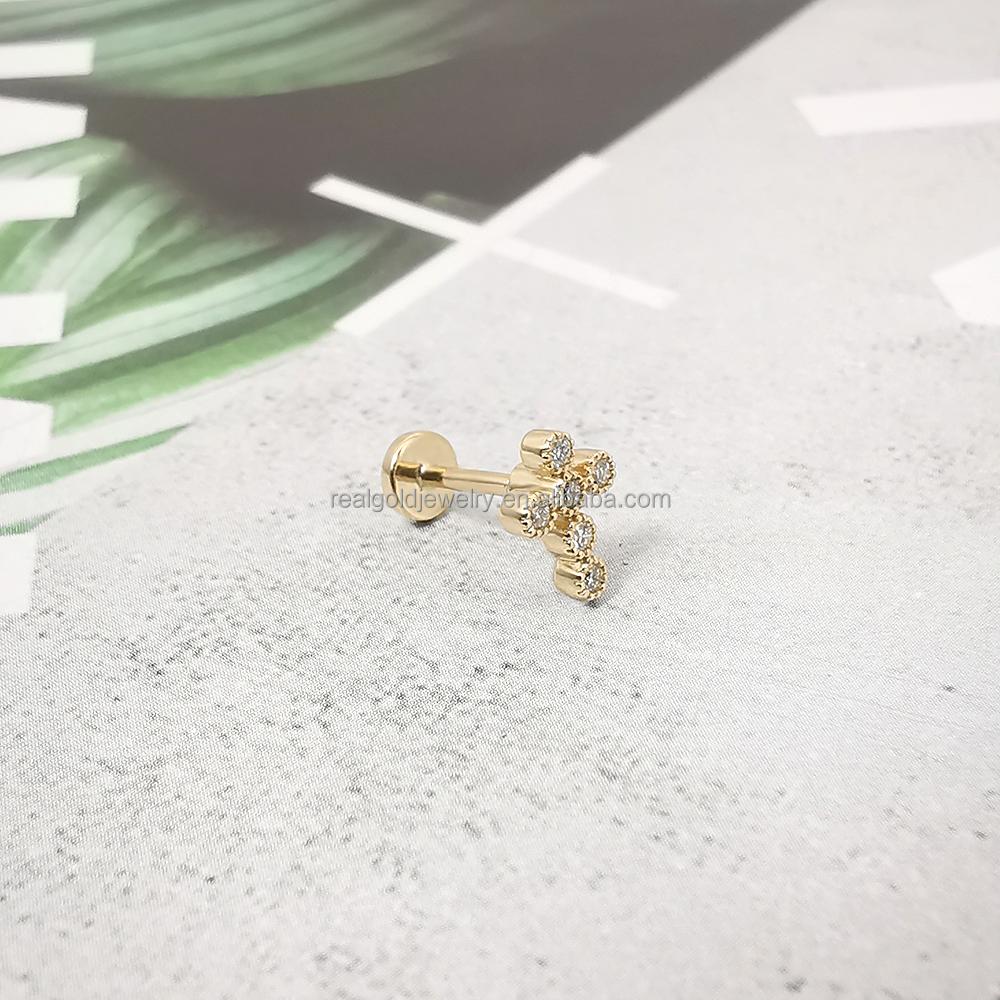 High Quality 14K Real Gold AU585 Diamond Cross-Shaped Earrings with Screw Back Stud Cartilage Jewelry for Engagement or Gift