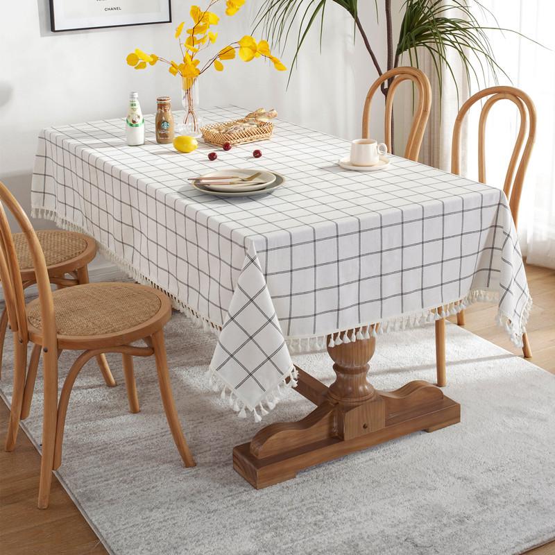 Cafe Double-Line Plaid Cotton Polyester Hemp Tassel Geometric Rectangular Dining Table Coffee Table Tablecloth Tablecloth
