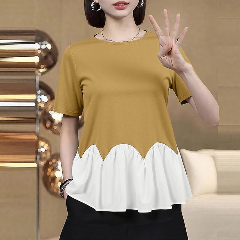 

ZANZEA Женская повседневная блузка с круглым вырезом, пэчворком, свободного кроя, с короткими рукавами M хаки