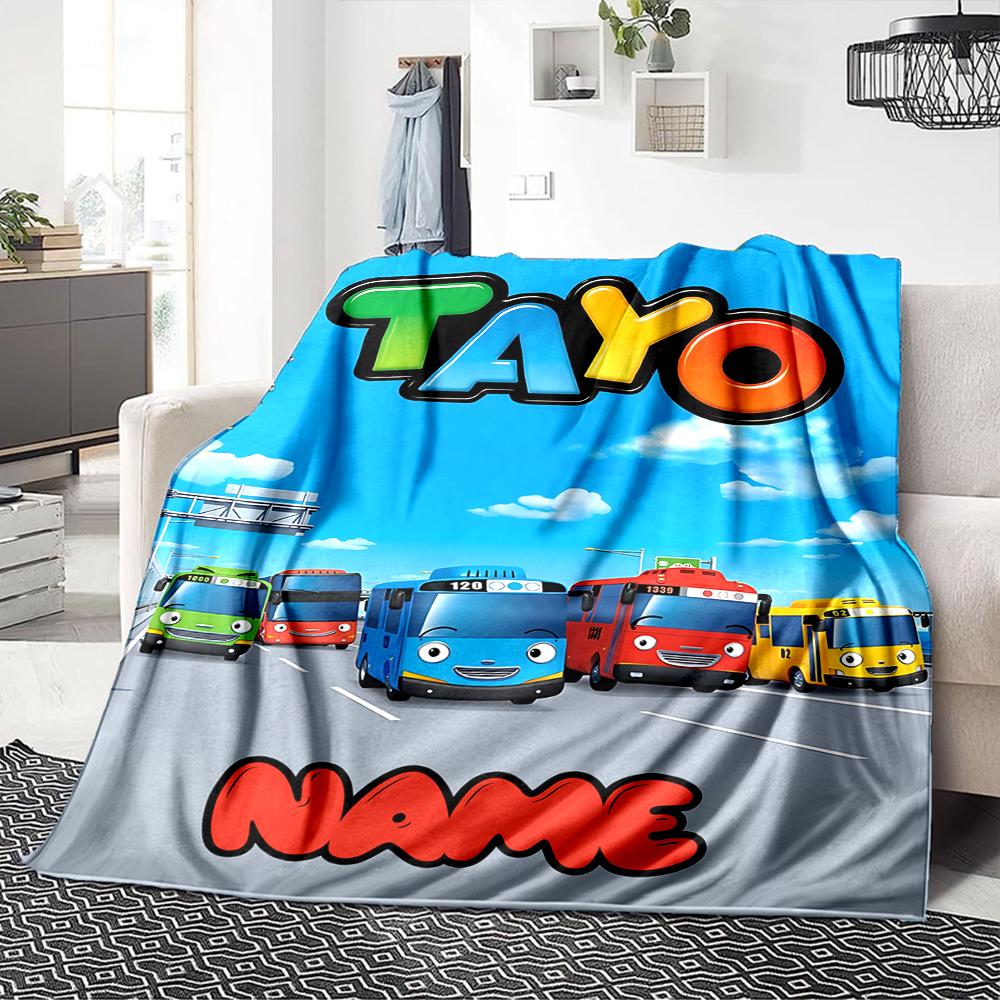 Custom Name Tayo Bus Adventure Blanket for Couch & Bed, Plush Cozy Fuzzy Blanket Super Soft & Warm Blankets for Fall and Winter. 0908196