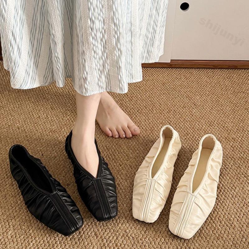 Fashion Elegant Square Head Pleated Shallow Mouth Casual Flat Single Shoes for Women 2025 Autumn New Versatile Comfortable Fashion Flats