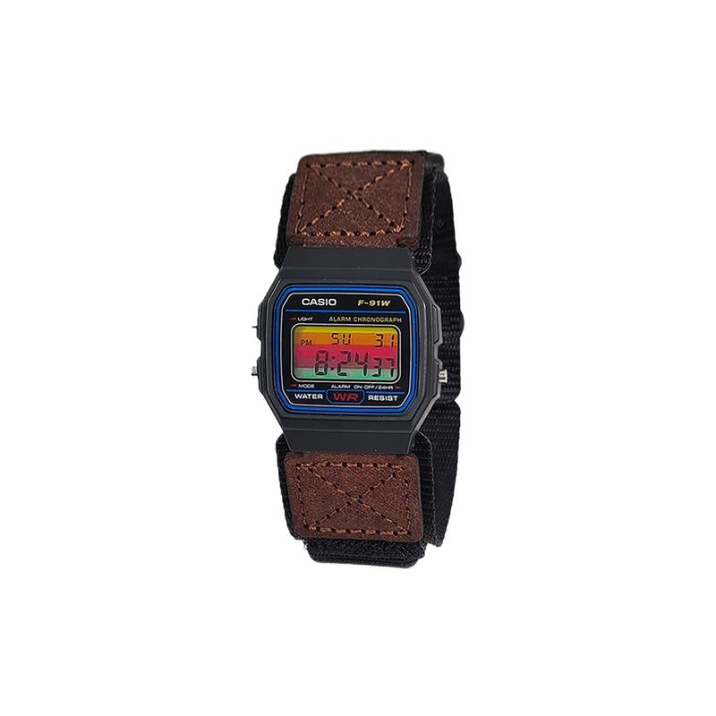 CASIO Customized watch modified series various colored mirrors black resin case classic retro small square F-91W-HeiSeBiaoPanCaiSeHengTiaoWenBiaoJing