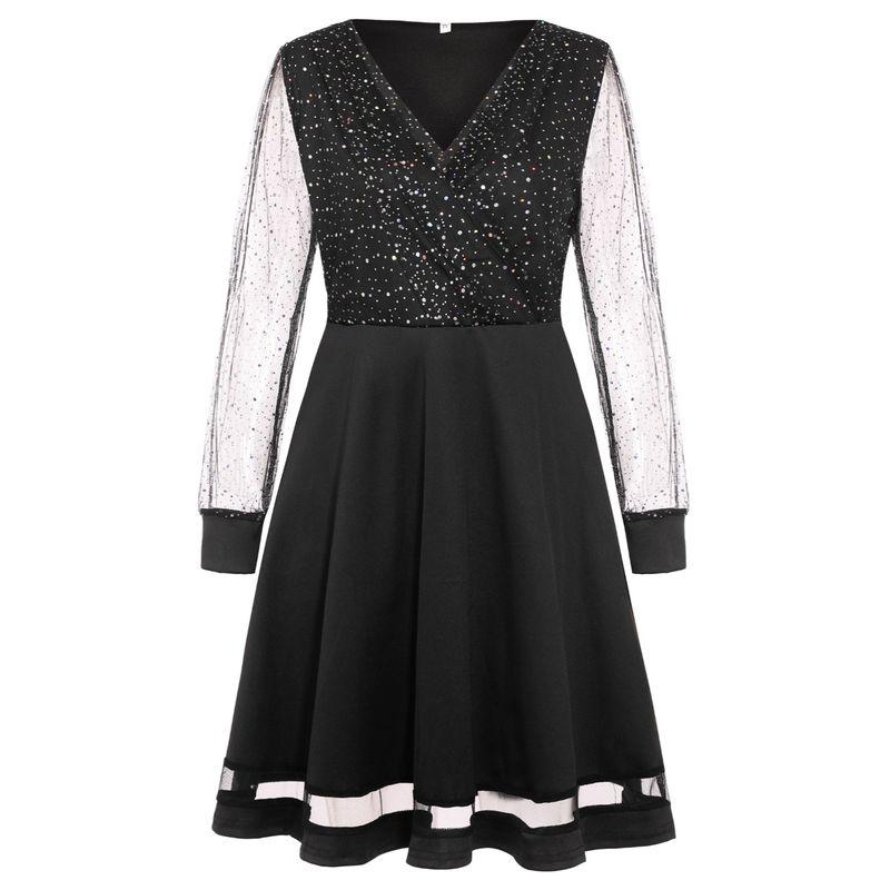 Spring & Fall New Arrival Fashion Wind V Neck Mesh Sequins Patchwork Loose and Stylish Long Sleeves Dress Dinner Dress Dress Dress