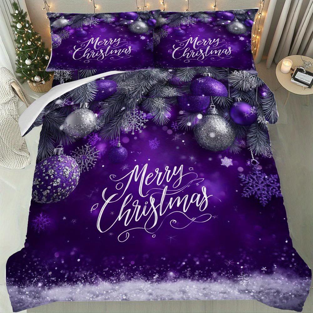 

Lifesmells 2/3Pcs Christmas Ornament Duvet Cover Set - Festive Purple & Golden Snowflake Design With Merry Christmas Lettering Duvet Cover Set&EU Single(135x200cm)