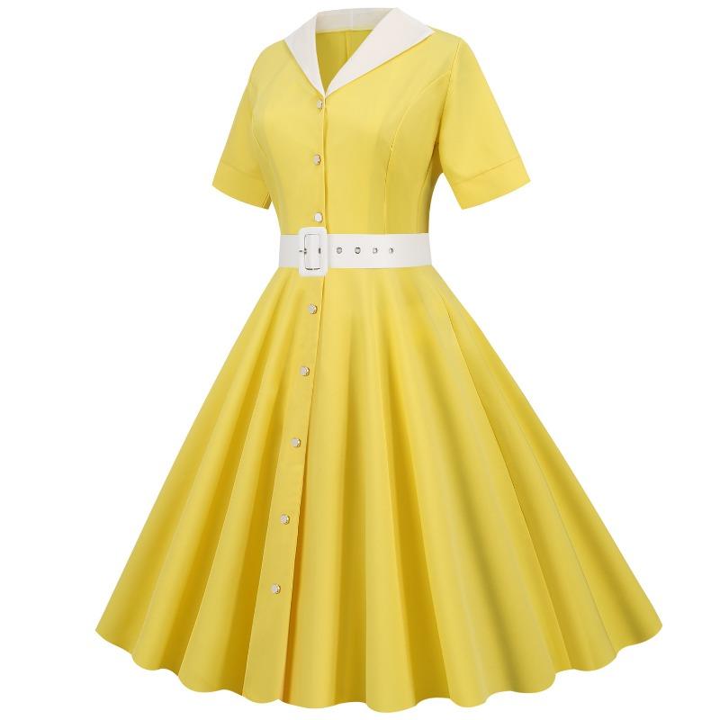 Summer Temperament Women's Clothing Flip V-neck Short-sleeved Belt Waist Net Color Retro Pendulum Dress