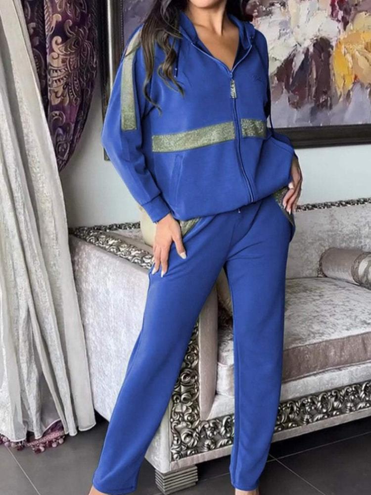 Women's Olive Green Zip-Up Hoodie with Silver Trim and Matching Straight Leg Pants, Sporty Elegant Outfit