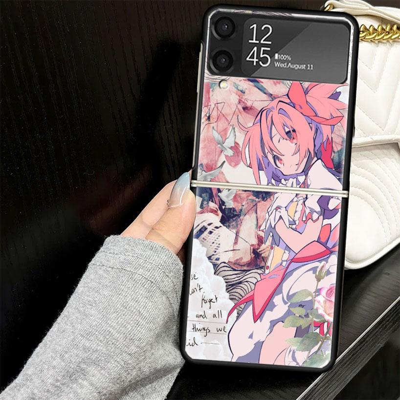 Madoka Magica Anime Case for Samsung Galaxy Z Flip7 Flip6 Flip5 Flip4 Flip3 5G Hard Phone Shell Z Flip 7 6 5 4 3 Black Cover