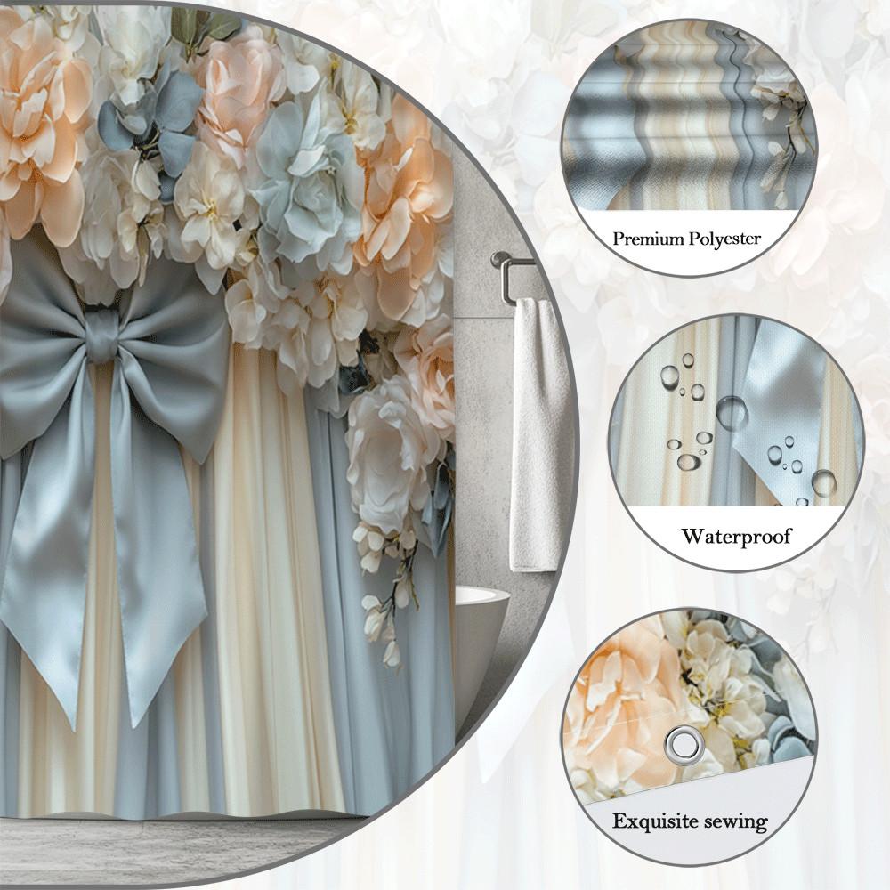Romantic Floral Bouquet Shower Curtain Peach White Roses And Satin Bow Elegant Wedding Style Decor Waterproof Non-Toxic Material