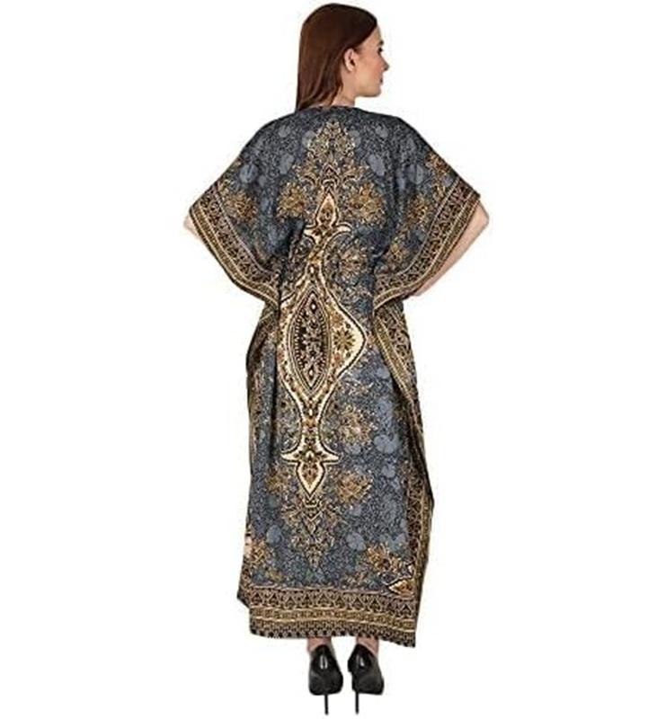 TreegoArt Fashion Women's Polyester Long Kaftan Caftan Printed Adjustable Boho Dress Nightwear Maxi Gown