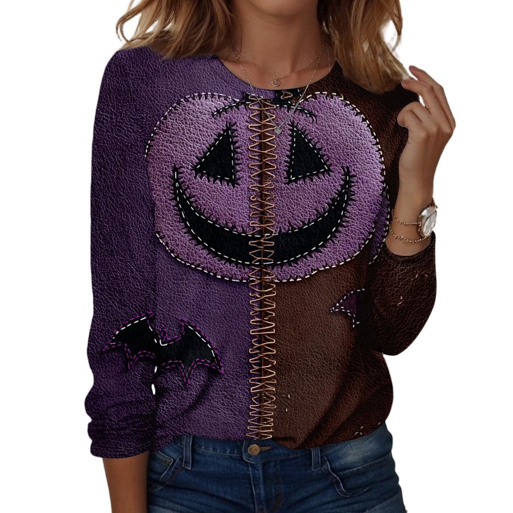 Women's Halloween Long Sleeve Printed Crewneck T-Shirt, Casual Fall Top