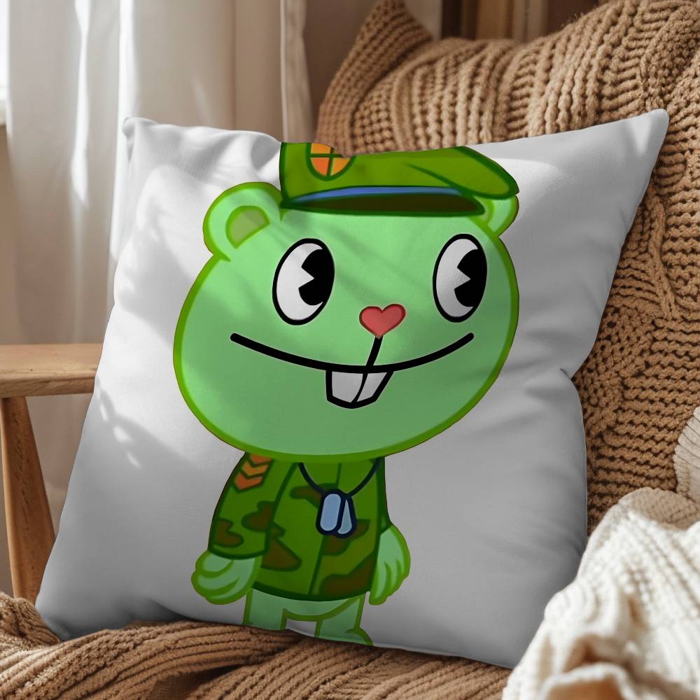 Green Cute Happy HTF Tree Friends Pillow Case Square DoubleSided Printing Short Plush Sofa Cushion Cover Bedroom Bedside Pillow