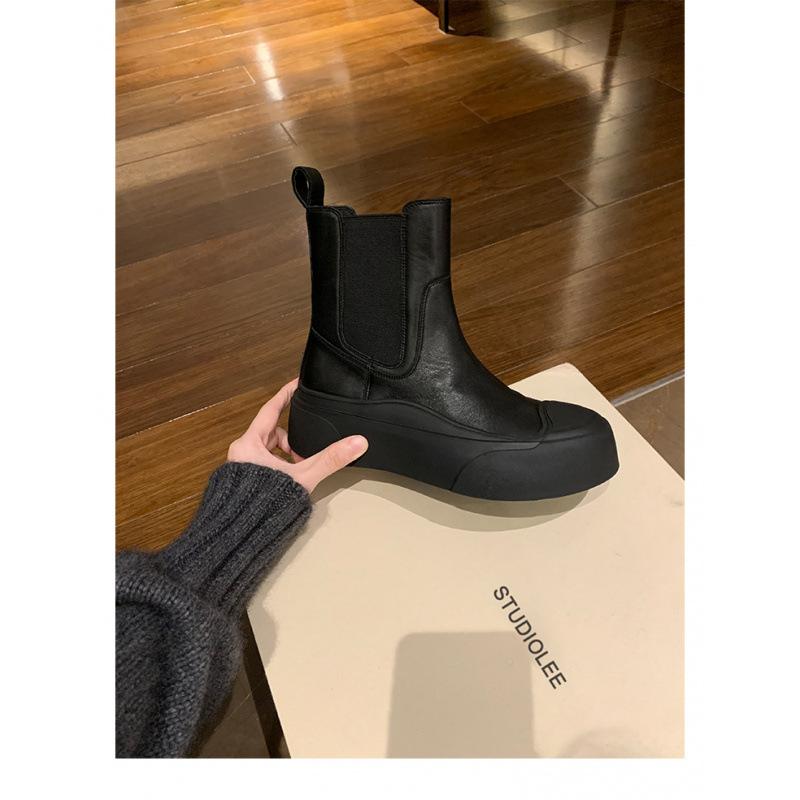 Stylish splicing small round head lazy thick bottom Chelsea one pedal thin short boots woman