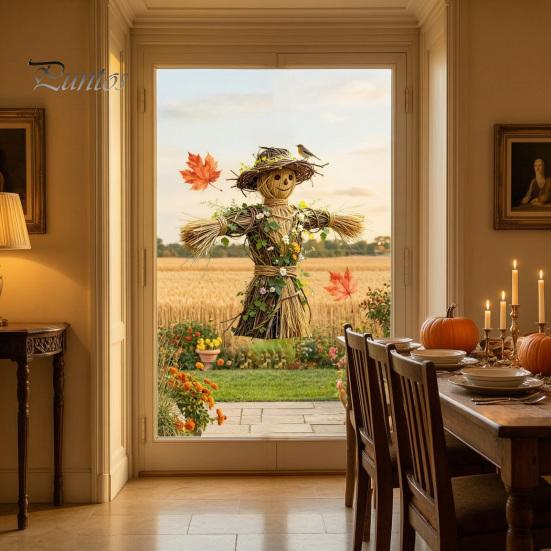 Holiday Party Window Ornament Scarecrow Stickers with Realistic Maple Leaf, Pastoral Decals, Waterproof Farmhouse Fall Decorations PVC Static