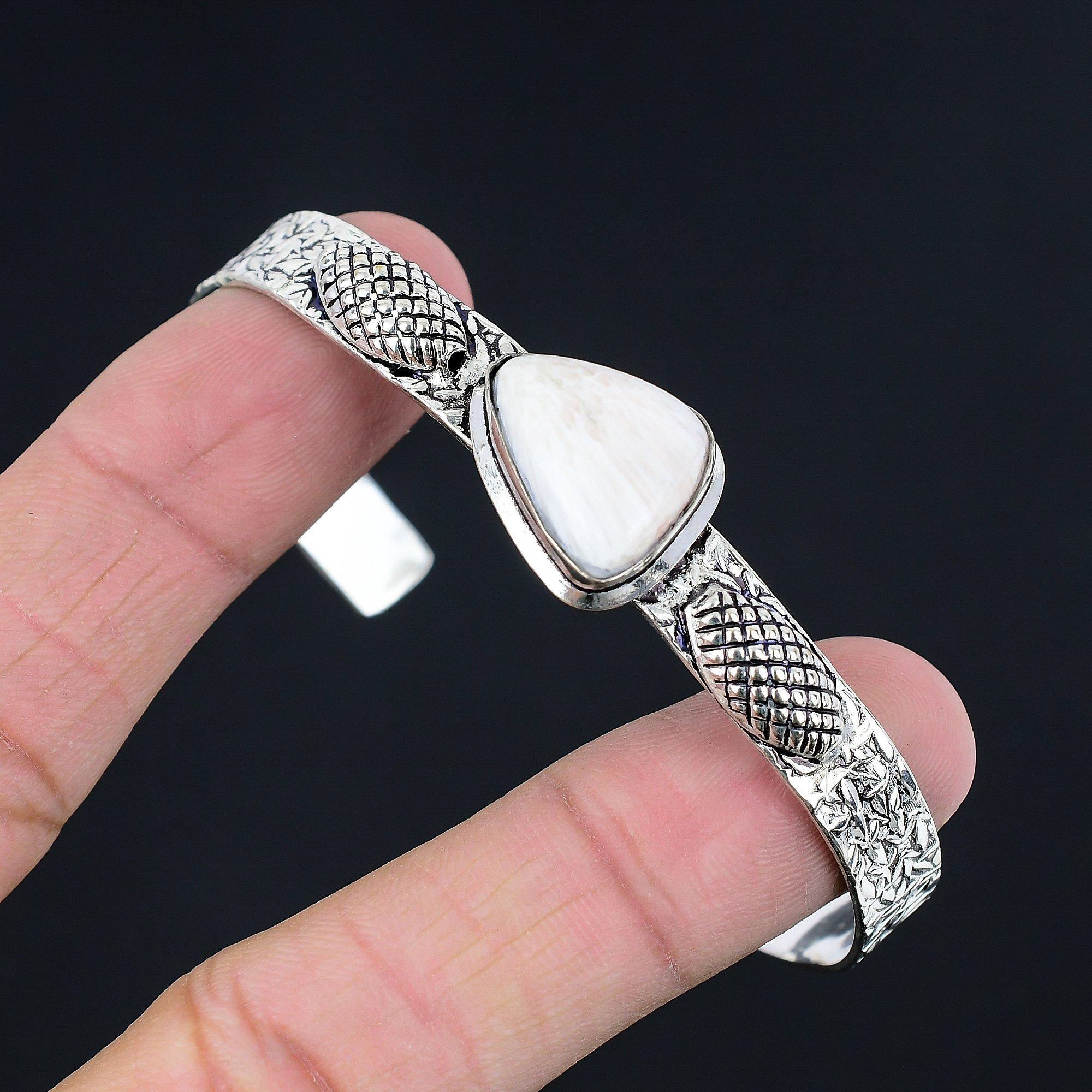 Trillion Scolecite Stone Art Deco Anniversary Ethnic Wedding Bangle 925 Silver Adjustable