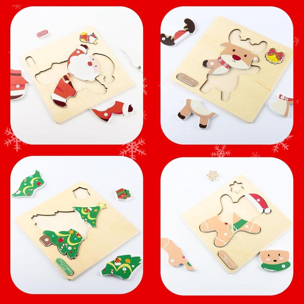 Christmas Wooden Puzzles Set for Toddler Santa Snowman Reindeer Wooden Puzzle for Kids Xmas Stocking Stuffer Gift Bag Filler
