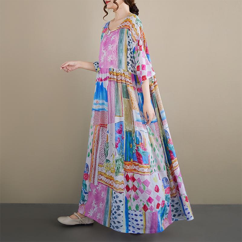 DIMANAF New 2026 Summer Beach Women Plus Size Fashion Lady Long Dress Loose Oversize Maxi Floral Print Cotton