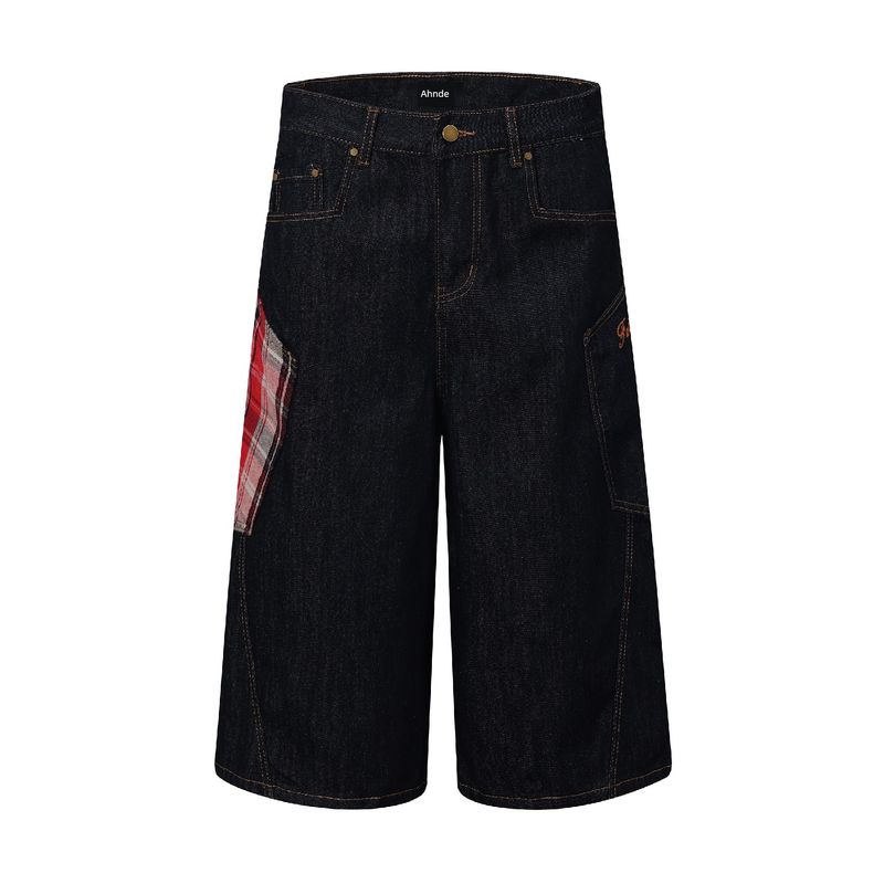 

Kisko New American-Style Plaid Patchwork Embroidered Denim Shorts for Men and Women, Summer Design, Loose-Fitting Cropped Pants, Ins Style Red Plaid X L