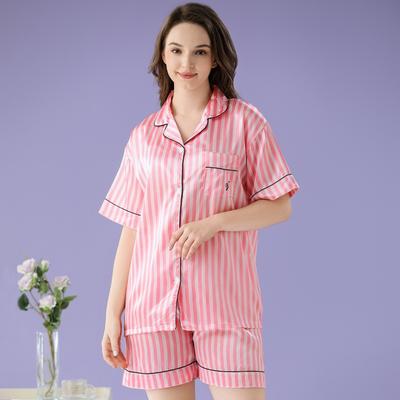 Women's Summer Ice Silk Pajamas Ladies Short Sleeve Pink Striped Nightwear Loungewear 2 Piece Set Girl Sleepwear Homewear