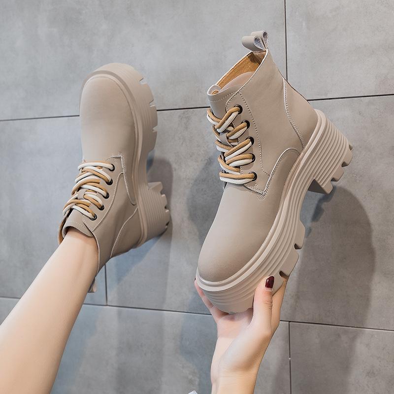 Women's British-Style Thick-Soled Lace-up Worker Boots Casual Height Increasing Insole Leather Shoes