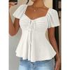 2026 Summer New V-neck Drawstring Tie Sexy Short Sleeve Solid Color Women's T-shirt