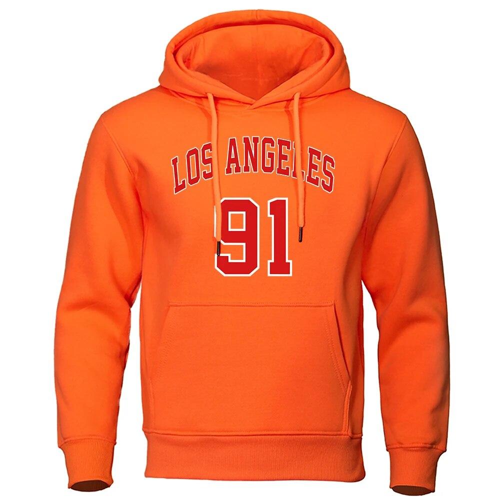Los Angeles 91 Team Uniform Print Hooded Autumn Fleece Pullovers Oversized Loose Streetwear Comfortable Sweatshirts Fashion
