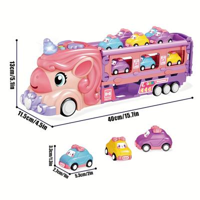 Pink Unicorn Transport Truck Toy with Extended Track Mode, Foldable Storage, Lights Music Effects, Includes 6 Mini Cars , Toy Cars