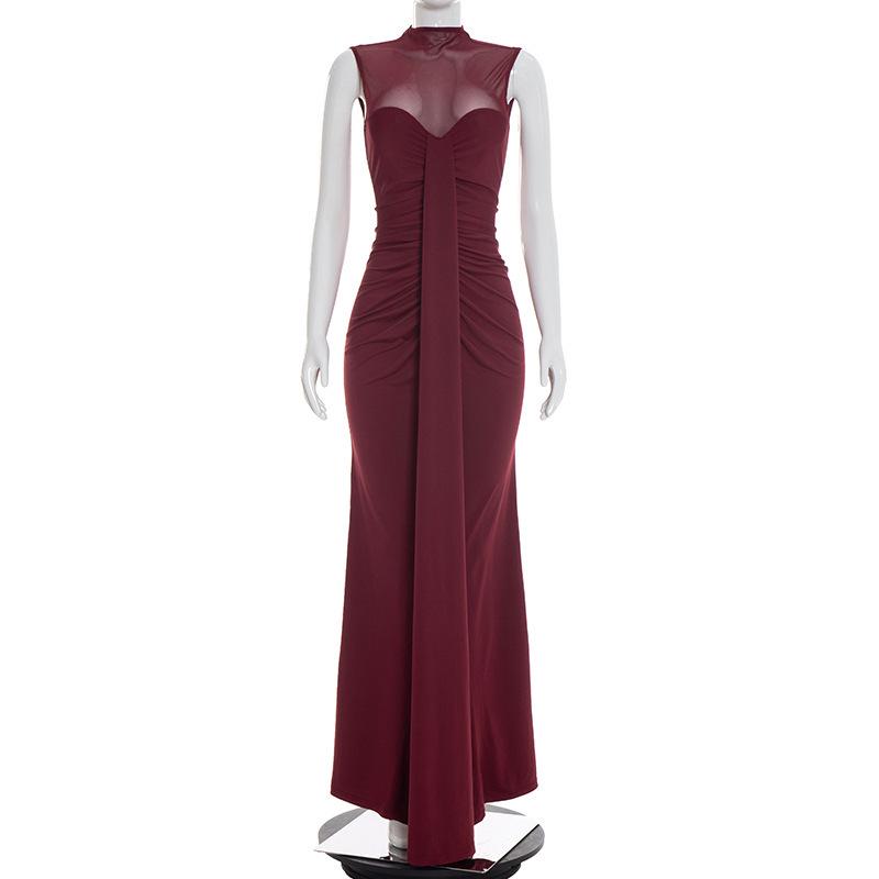 European & American Women's Spring/Summer 2026 Elegant High Neck Sleeveless Slim Fit Long Ruffled Mesh Dress