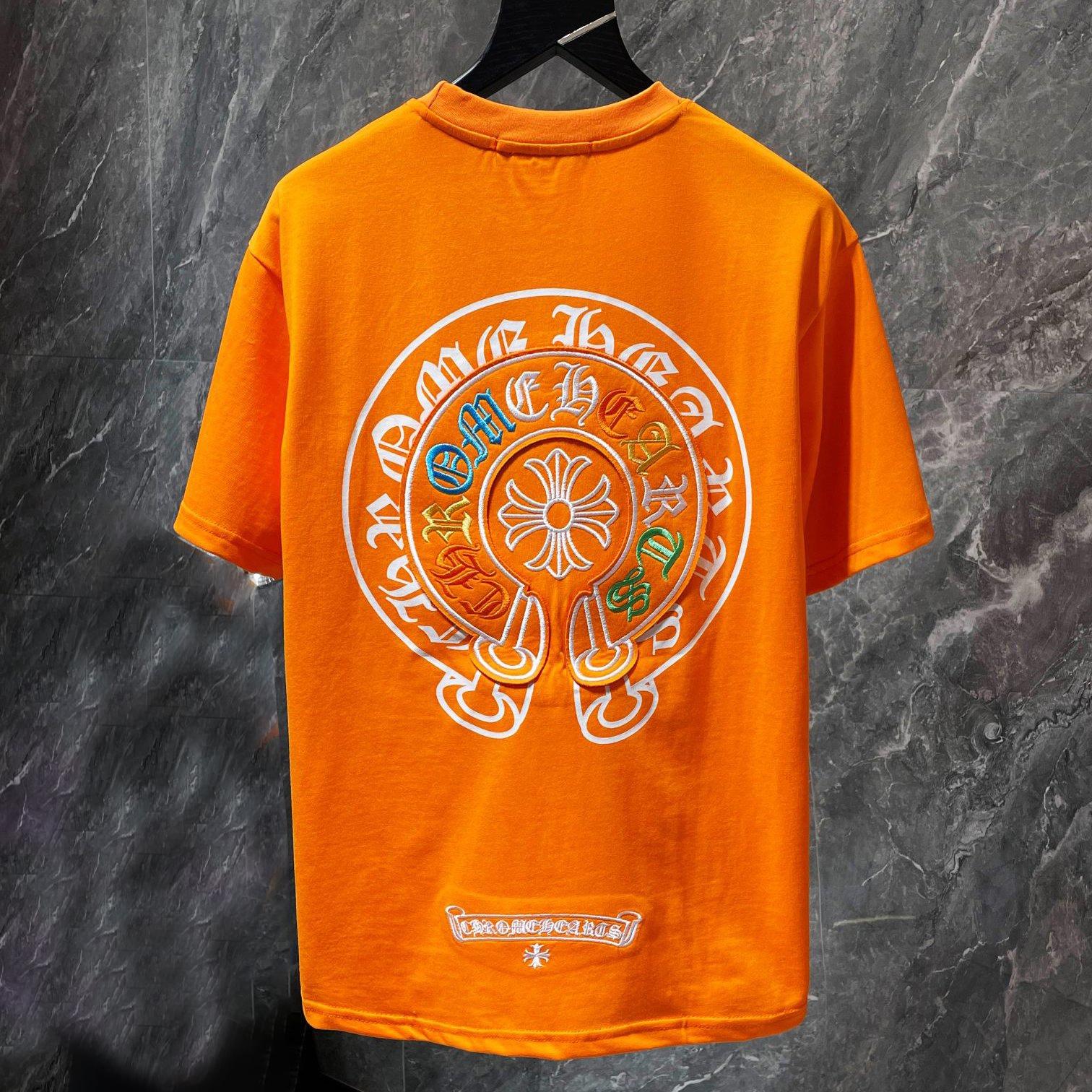 Chrome Hearts 8719  Zomer Nieuw Hoge Kwaliteit Katoen Ronde Hals Los Groot Formaat Heren en Dames T-shirt Koppel T-shirt XL oranje