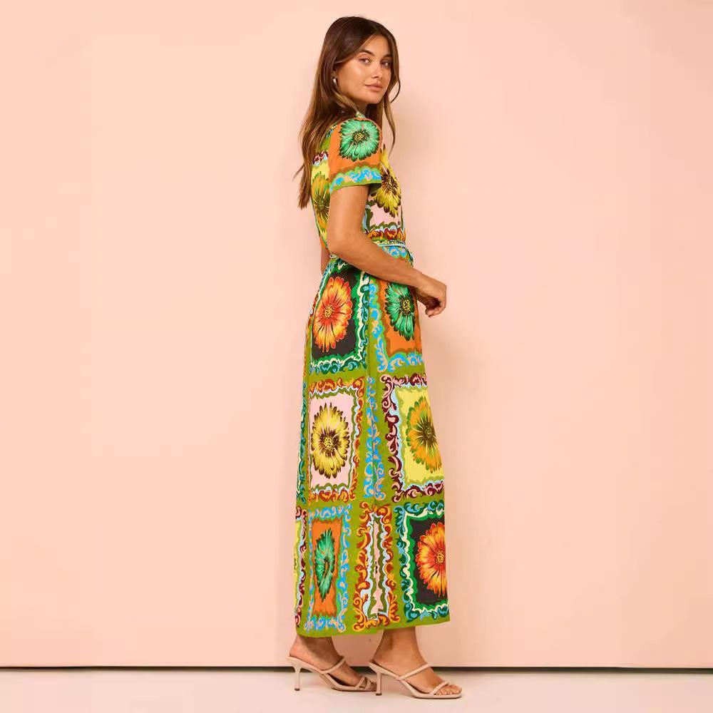 Women's Summer Vacation Style Exaggerated Fashion Printed Lace-up Cardigan Extra Long Dress Women