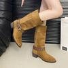 2025 new women's shoes niche retro hand stitched wedge heel pointed straight boots metal belt buckle wedge heel knight boots