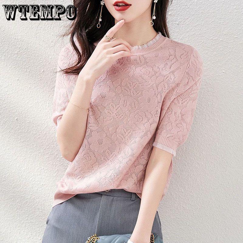 Lace Edge Knitted T-shirt for Women In Spring and Summer Hollow Hook Flower Loose Thin Knit Sweater