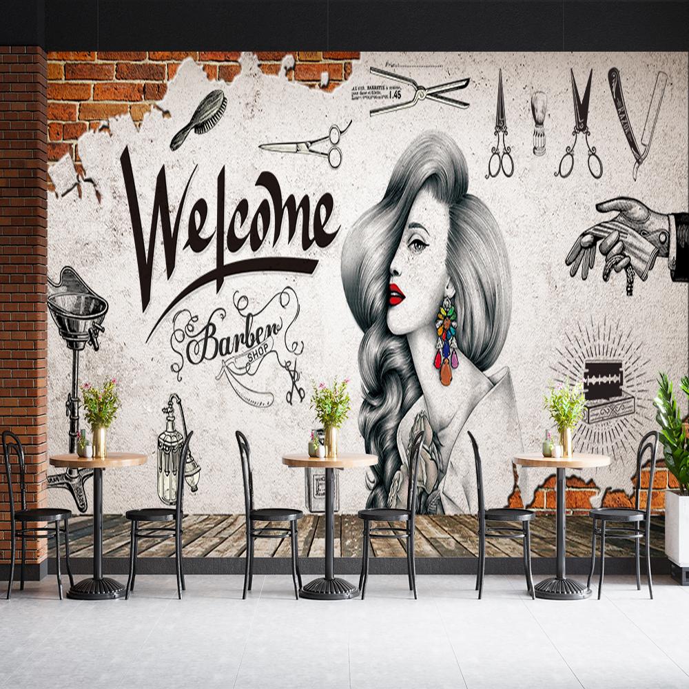 

3d Hand-Painted Hair Salon Wall Paper Hair Cut Mural Retro Barber Shop Background Wallpaper 3d Industrial Decor 200 cm(W) x 140 cm(H)