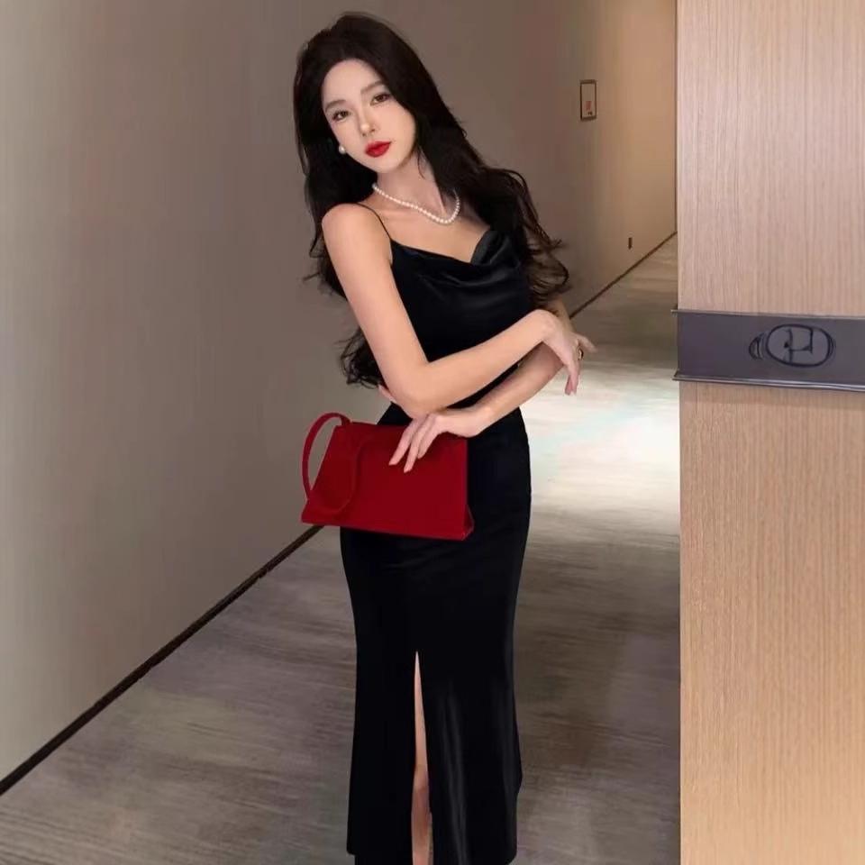 Elegantní francouzské zlaté sametové šaty s rybím ocasem - Sexy, přiléhavé, dámské podzimní/zimní večerní šaty s rozparkem