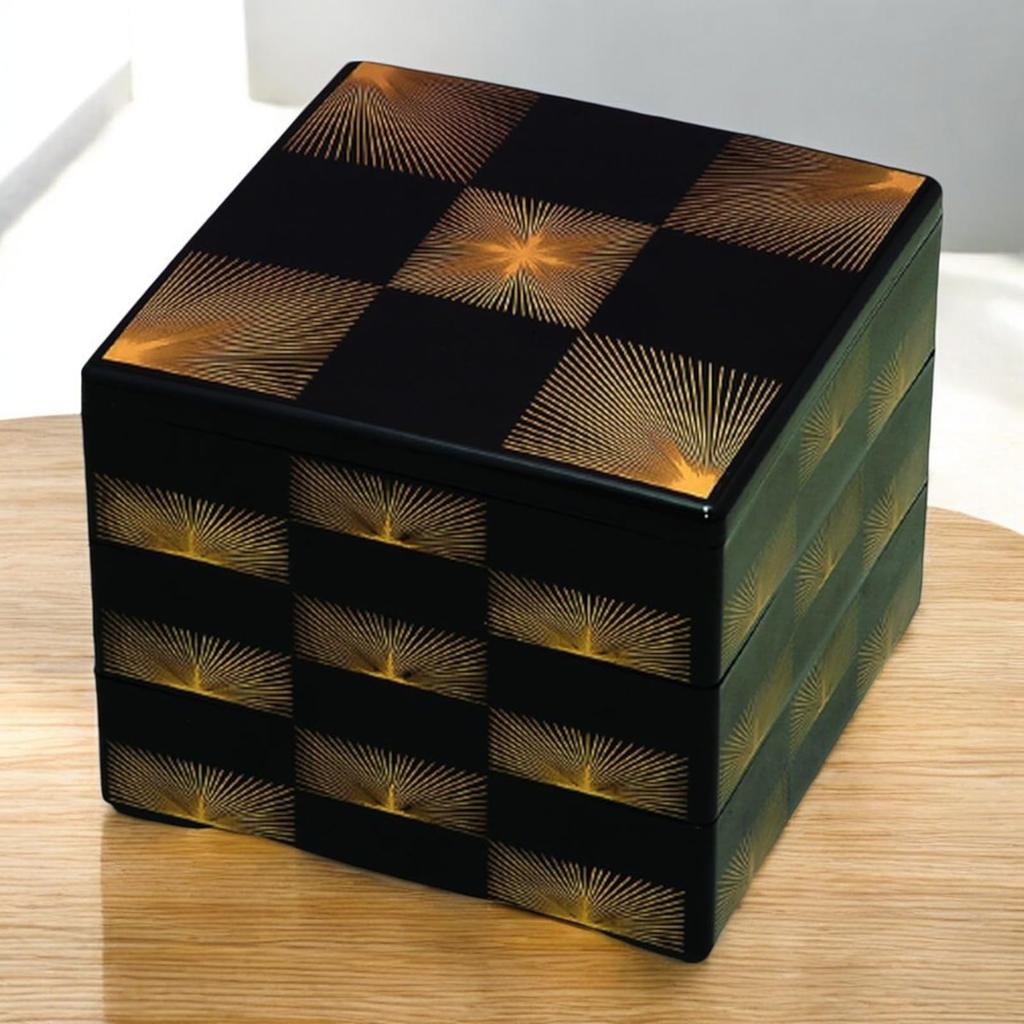 J-kitchens Lacquerware Jubako Box, 3 Tiers, 7 Inches, Black with Checkered Pine Needles, 21.0cm, Resin, Made In Japan