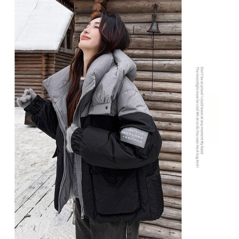 Winter Women Color Block Patchwork Hooded Cotton Jacket Short Korean Style Coat