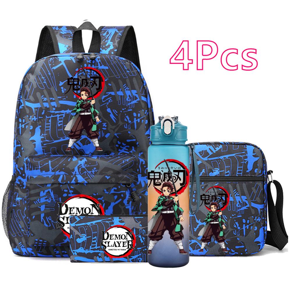 4 Pezzi/set Zaino Stampato Anime Demon Slayer Grande Capacità Borsa per Libri Borsa a Spalla Custodia per Borsa con Borraccia da 750ml Ragazzo Ragazza Zaino Impermeabile