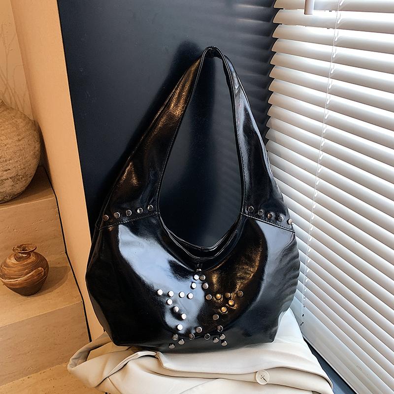 PU Hobo Bag Women's Fashion Shoulder Tote with Stud Detail Soft Texture Casual Everyday Handbag
