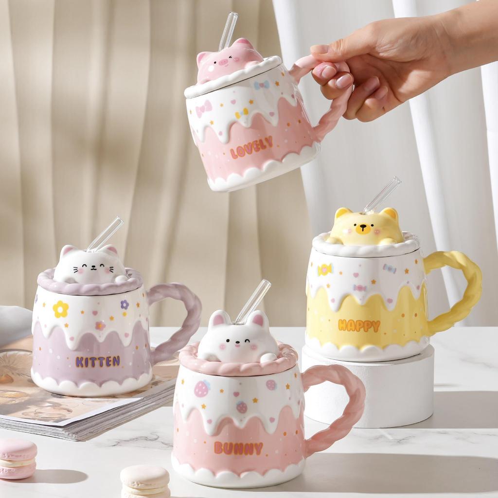 Cute Ceramic Cup with Lid, Spoon, and Straw – Perfect Birthday or Couple's Gift