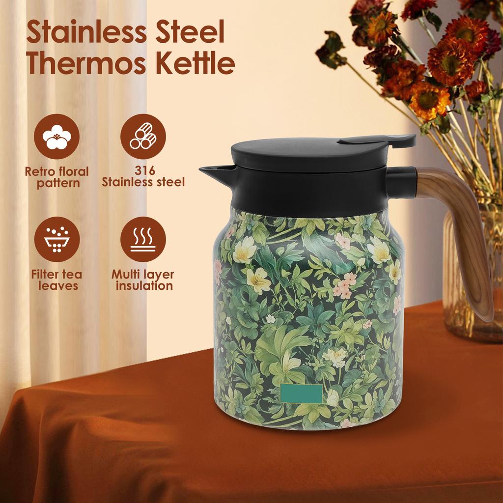 1L Thermal Tea Pot with Handle and Built In Infuser Stainless Steel Insulated Tea Kettle Flower Pattern Insulated Infuser Pots