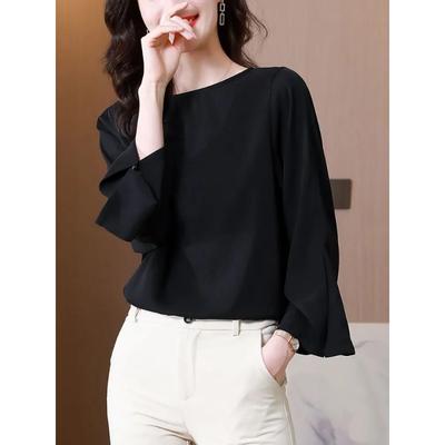 Chemise Noire Femme Manches Longues Printemps Automne Nouveau Design Coréen Mode Décontractée Style Col Rond Haut