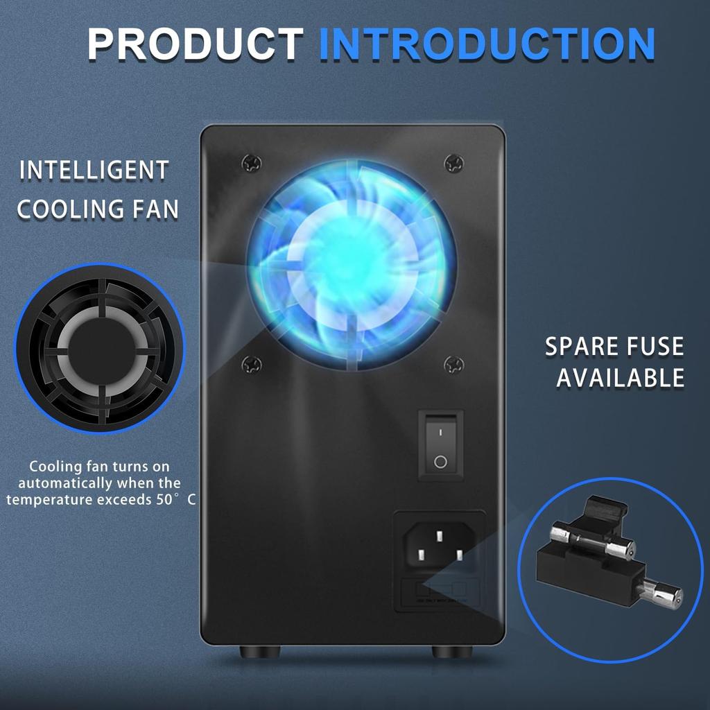 30V 10A Adjustable DC Power Supply, 4-Digit LED, 5V/2A USB, Test Leads, Bench Lab PSU