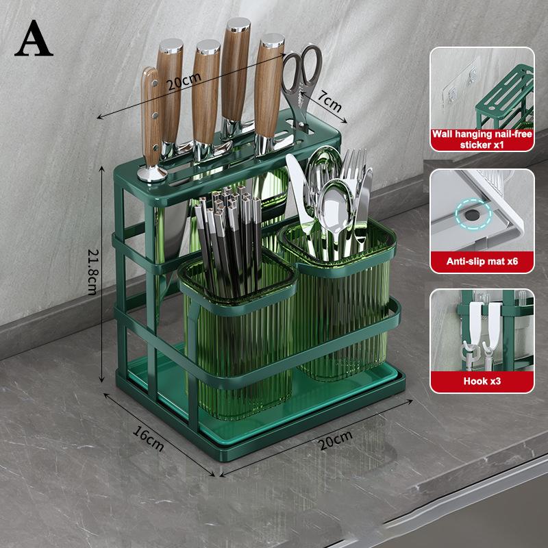 Wall Mounted Kitchen Cutlery Organizer Knife Spoon Fork Chopstick Drain Rack Drainer Utensil Kitchen Storage Punching Free