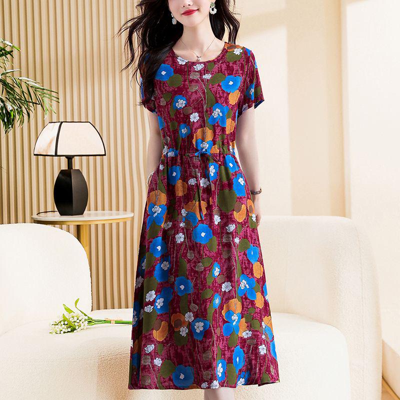 Elegant Plus Size Cotton Silk Knee-Length Dress with Waist Cinch for Middle-Aged Women