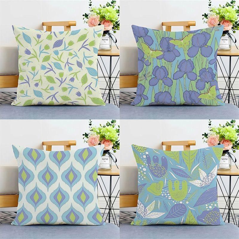 Purple Pattern Pillow Cover Plant Geometric Sofa Living Room Cushion Cover Bedside Square Pillowcase Removable and Washable