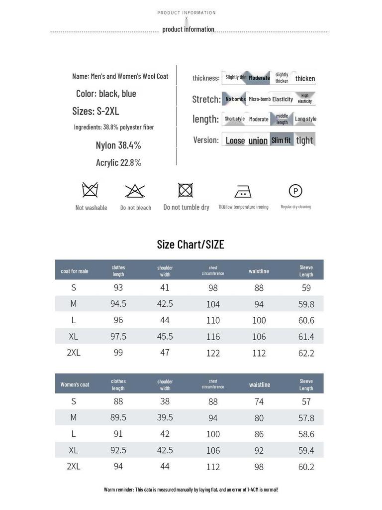 Teluoman Professional Unisex Winter Wool Blend Business Coat