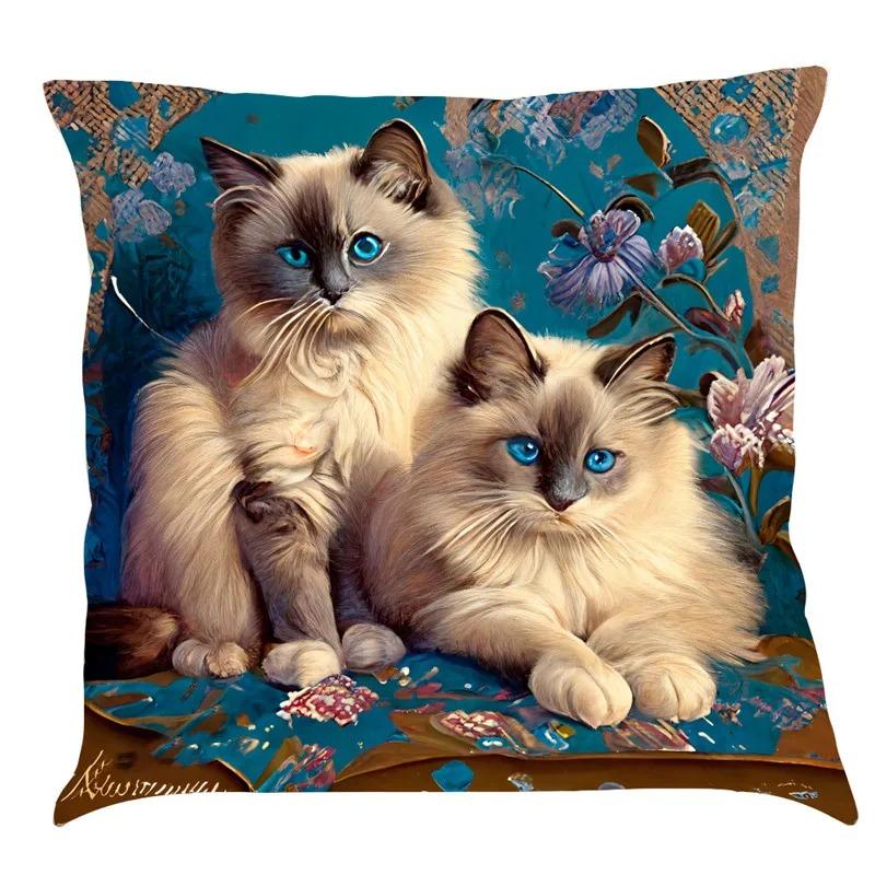 Nordic Style Peacock Cat Puppy Oil Painting Print Pillowcase 45x45 Cm Living Room Sofa Cushion Cover Bedroom Home Decoration