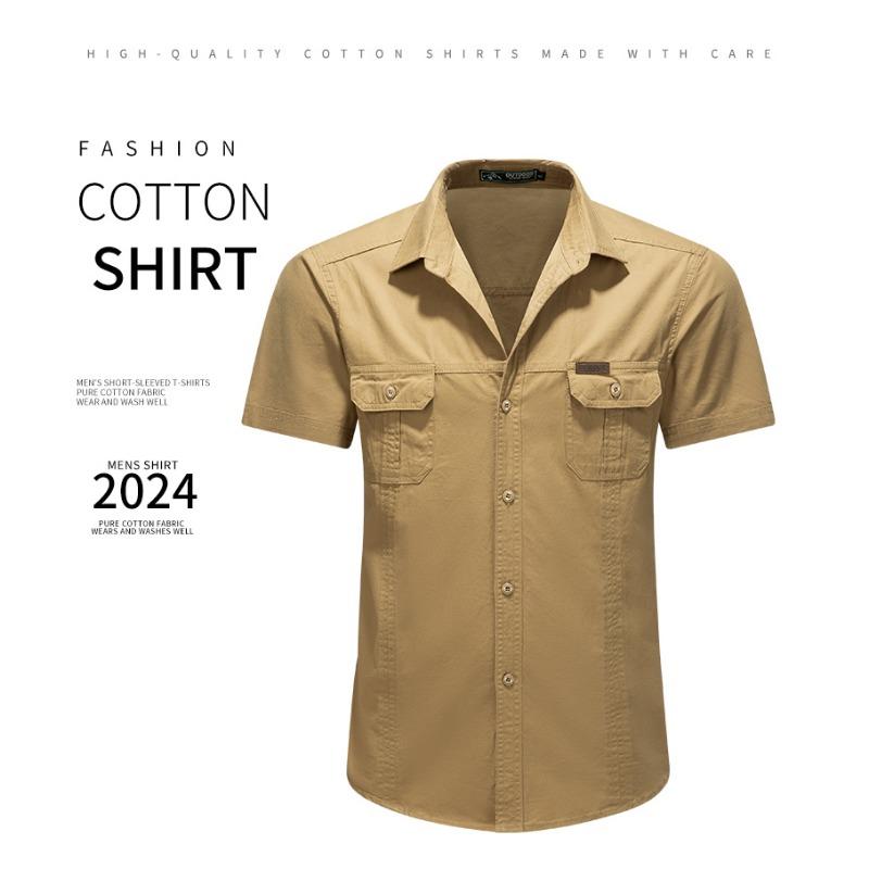 Mens Solid Color Turn Down Collar Double Pocket Short Sleeve Casual Work Shirt