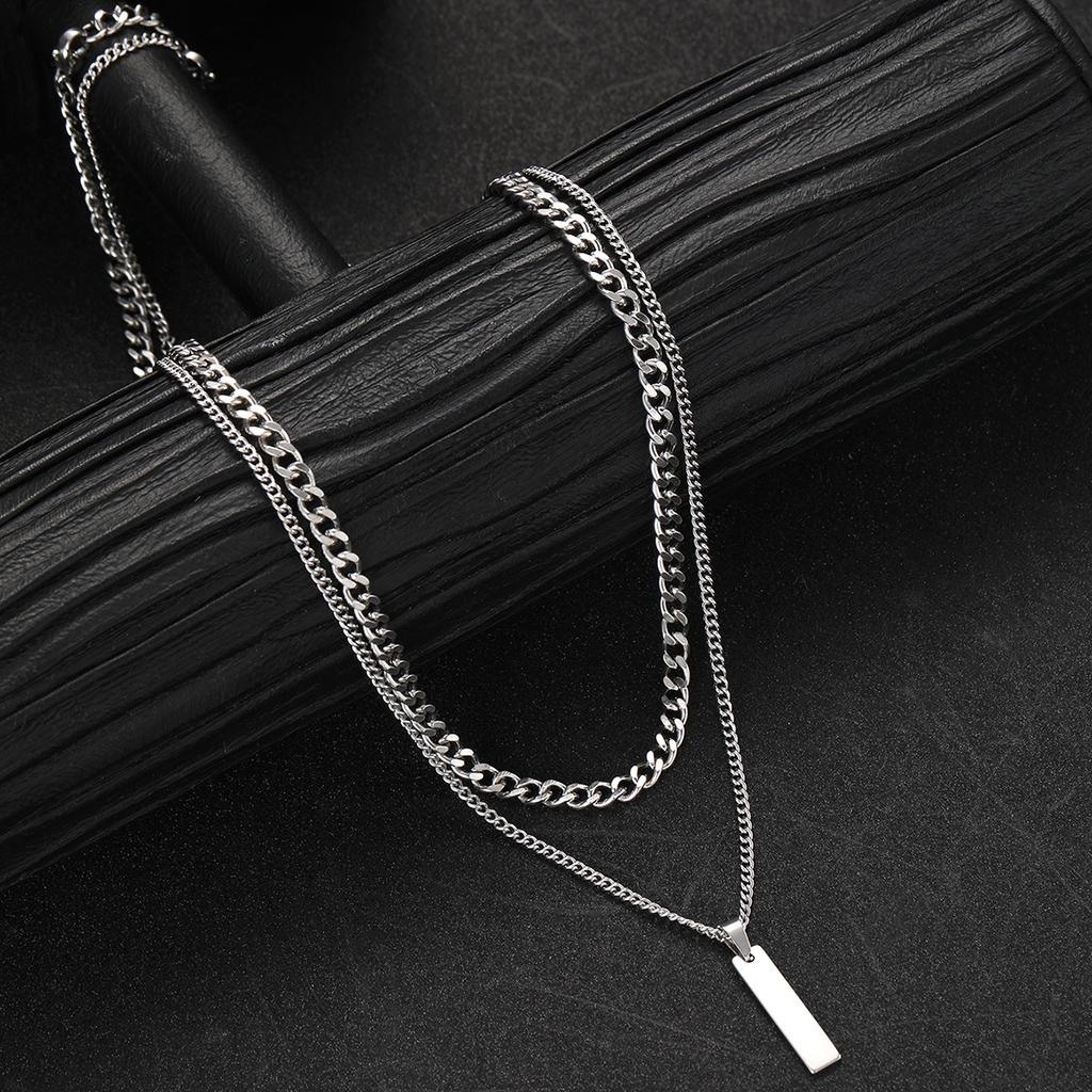 2Pcs/Set Small Hanging Tag Stainless Steel Necklace for Men Geometric Silver Color Pendant Necklace Fashion Hip Hop Jewelry Gift